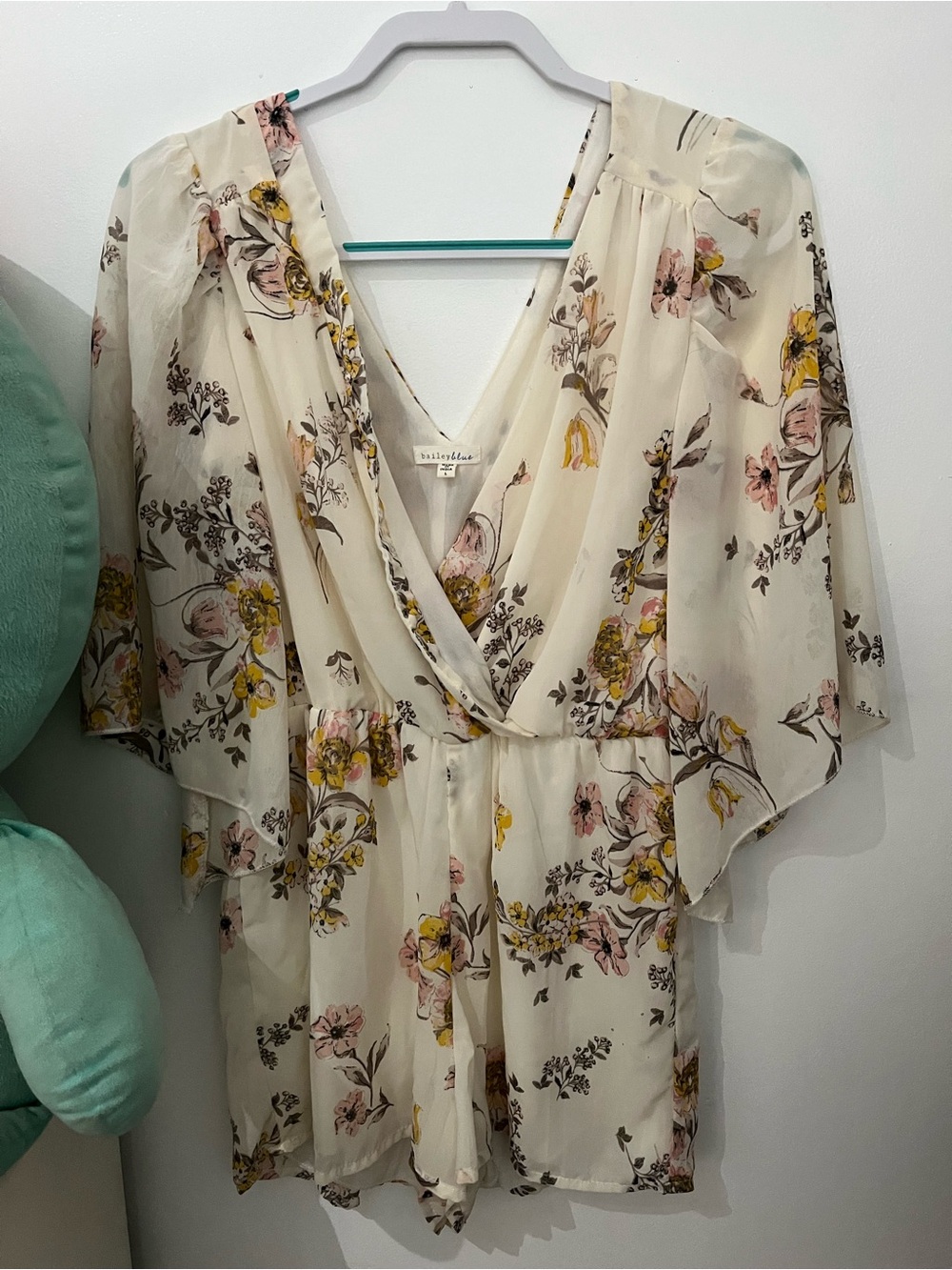 bailey blue Cream Floral V-Neck Mini Romper with Pink & Yellow Blooms